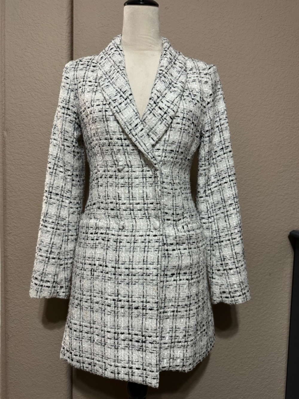Missguided + White & Black Tweed Blazer Coat